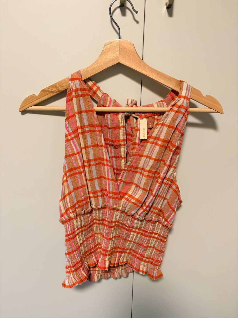 Pilcro Orange & Pink Plaid Smocked Waist Cami